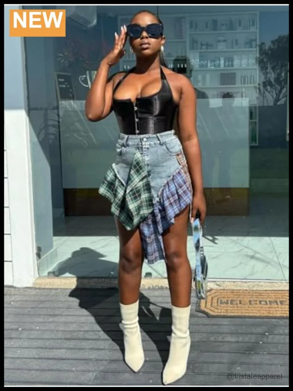 Denim Mini Skirt Plaid Patchwork Asymmetrical Hem Polyester Spandex Raw Frayed